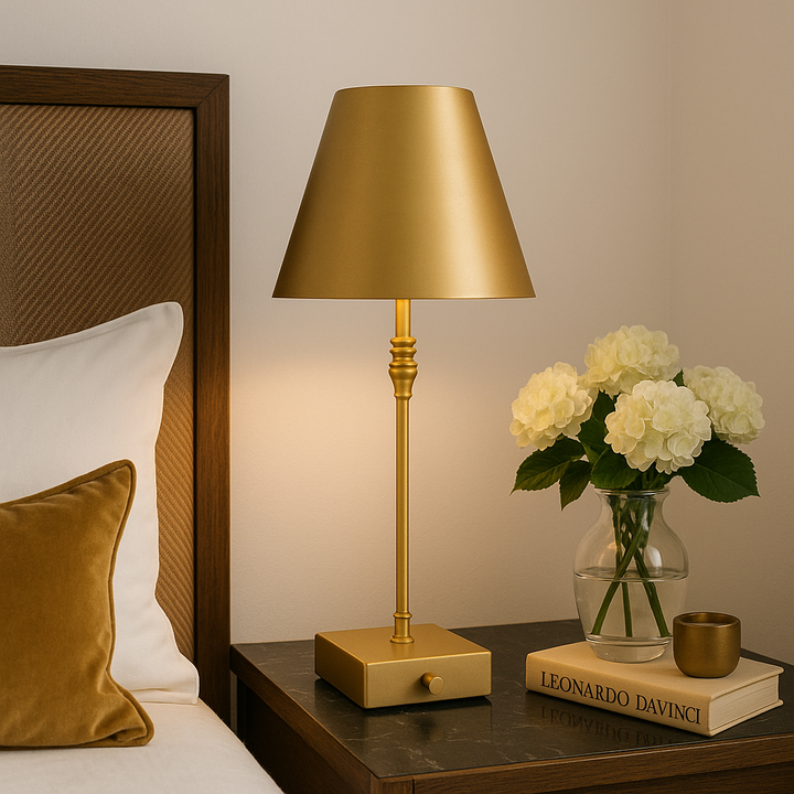 Perth Gold table lamp styled on a bedside with white walls, black marble nightstand, flowers, and books in a luxury bedroom setting.