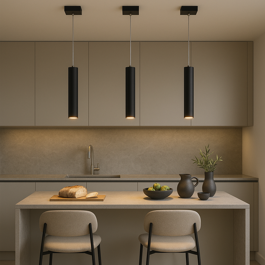 Pictou black 3 light pendant bar with slim cylinder shades above kitchen island.