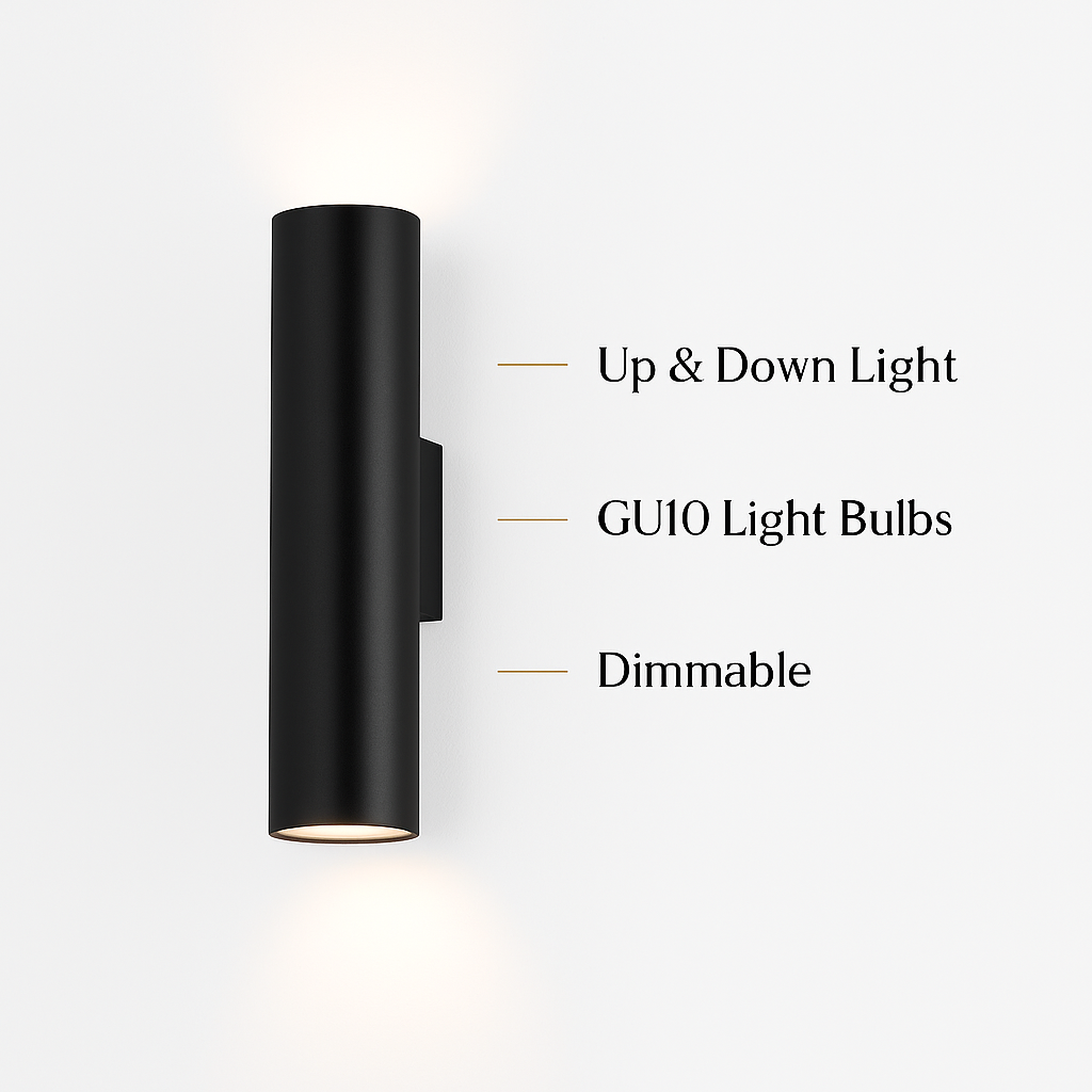 Pictou black wall light with up and down light, GU10 bulbs, and dimmable features shown in callouts
