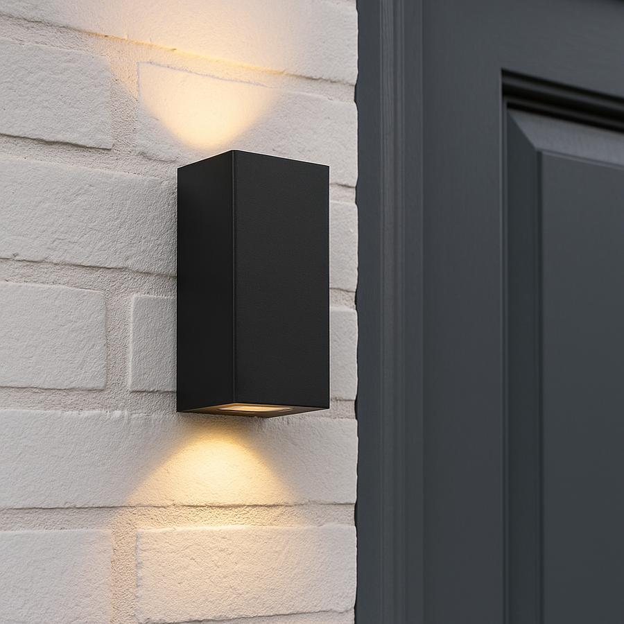 Plymouth black outdoor wall light with up and down beam by front door