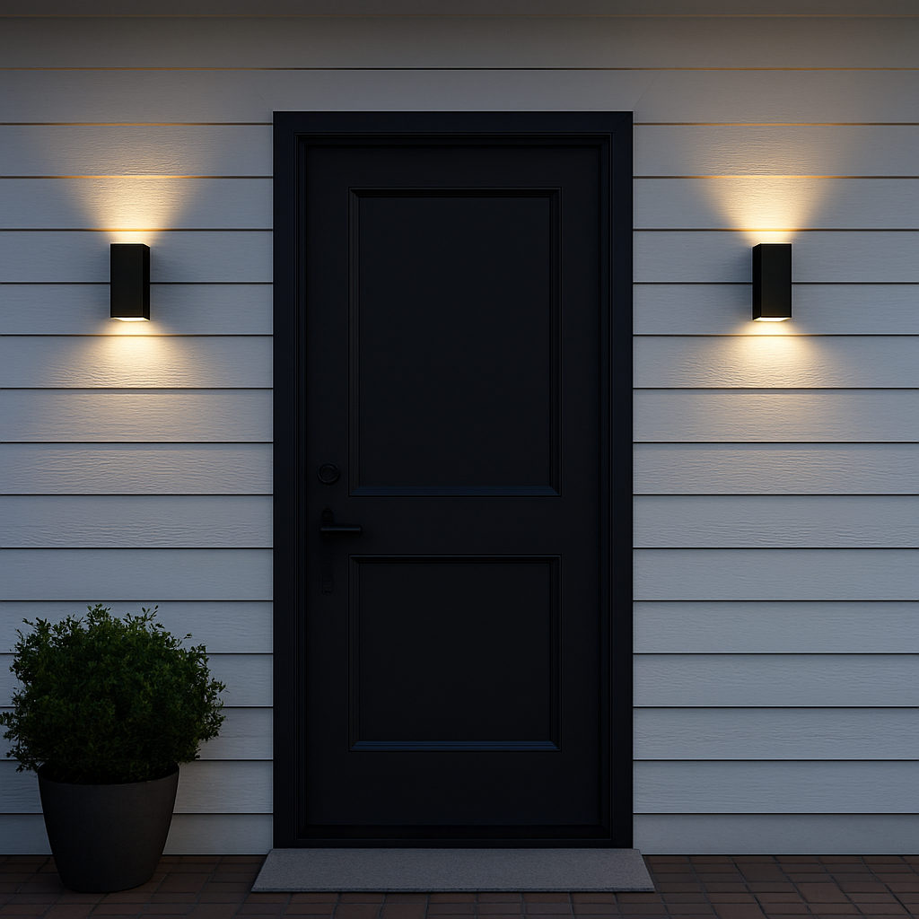 Plymouth black outdoor wall lights with up and down beam by front door