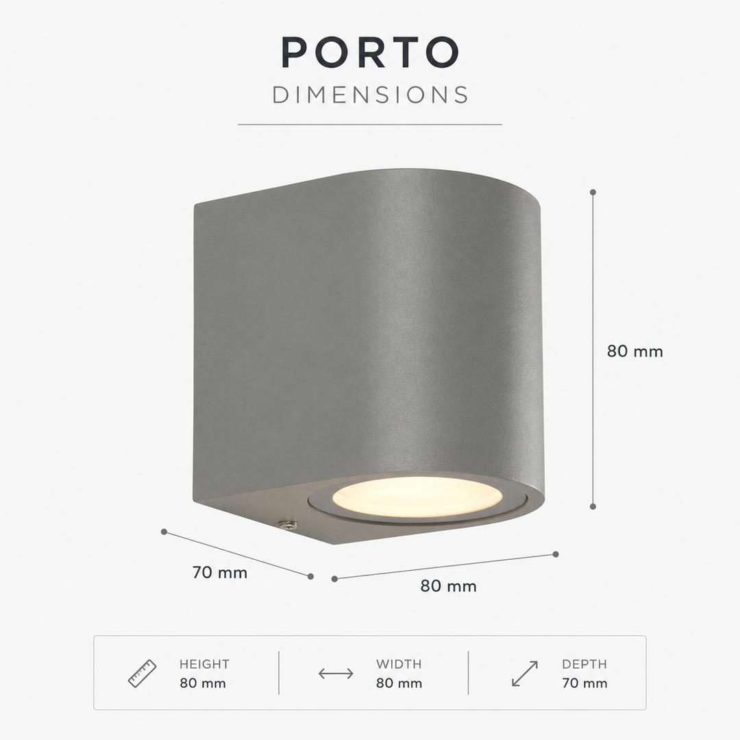 Porto grey outdoor down wall light dimensions showing 80mm height, 80mm width and 70mm depth