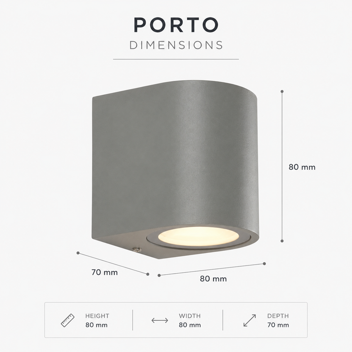 Porto grey outdoor down wall light dimensions showing 80mm height, 80mm width and 70mm depth