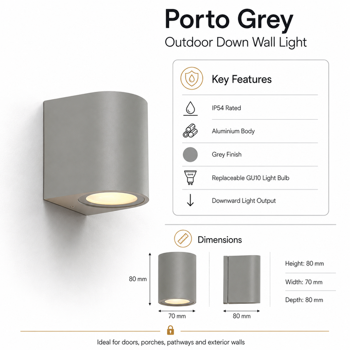 Porto grey outdoor down wall light infographic showing key features and dimensions