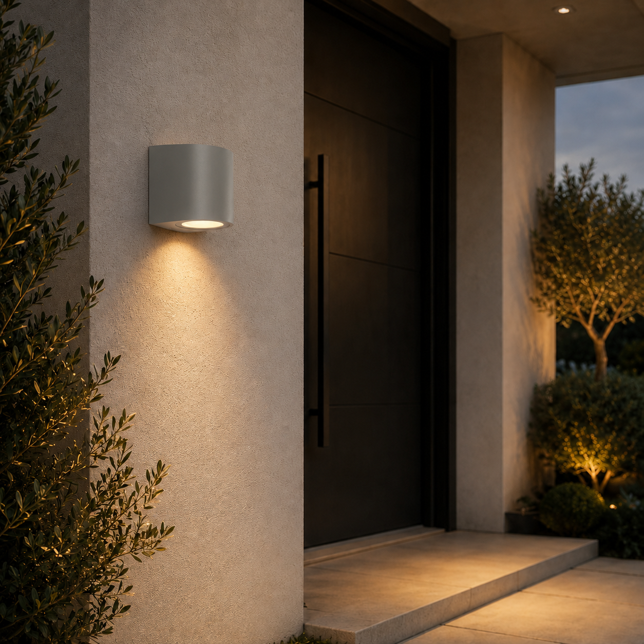 Porto grey outdoor down wall light installed beside a modern front door at dusk