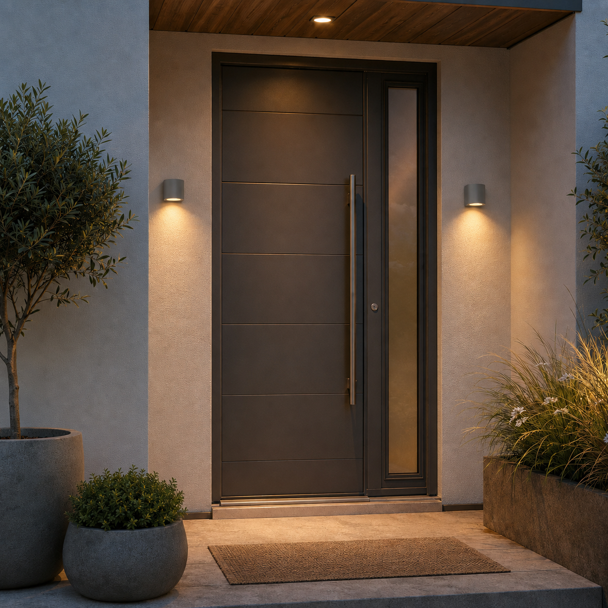 Two compact Porto grey outdoor down wall lights installed either side of a modern front door