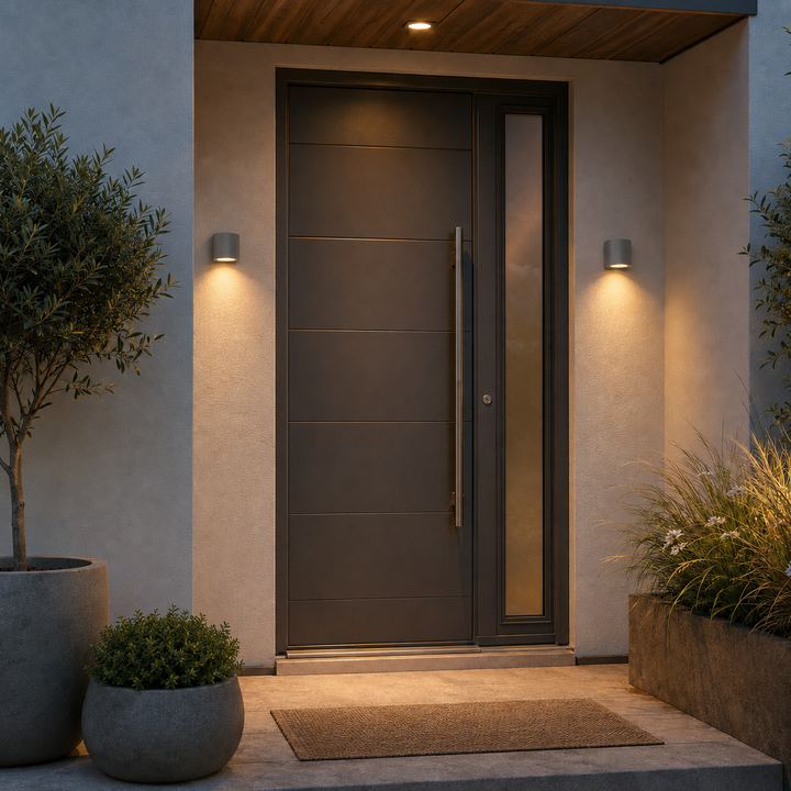 Two compact Porto grey outdoor down wall lights installed either side of a modern front door