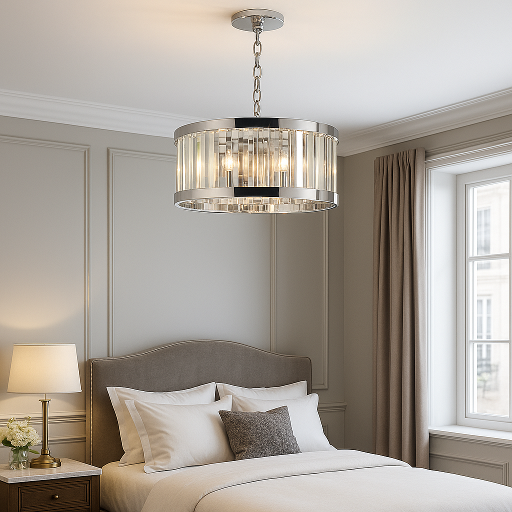 Porto medium polished silver chandelier in luxury bedroom