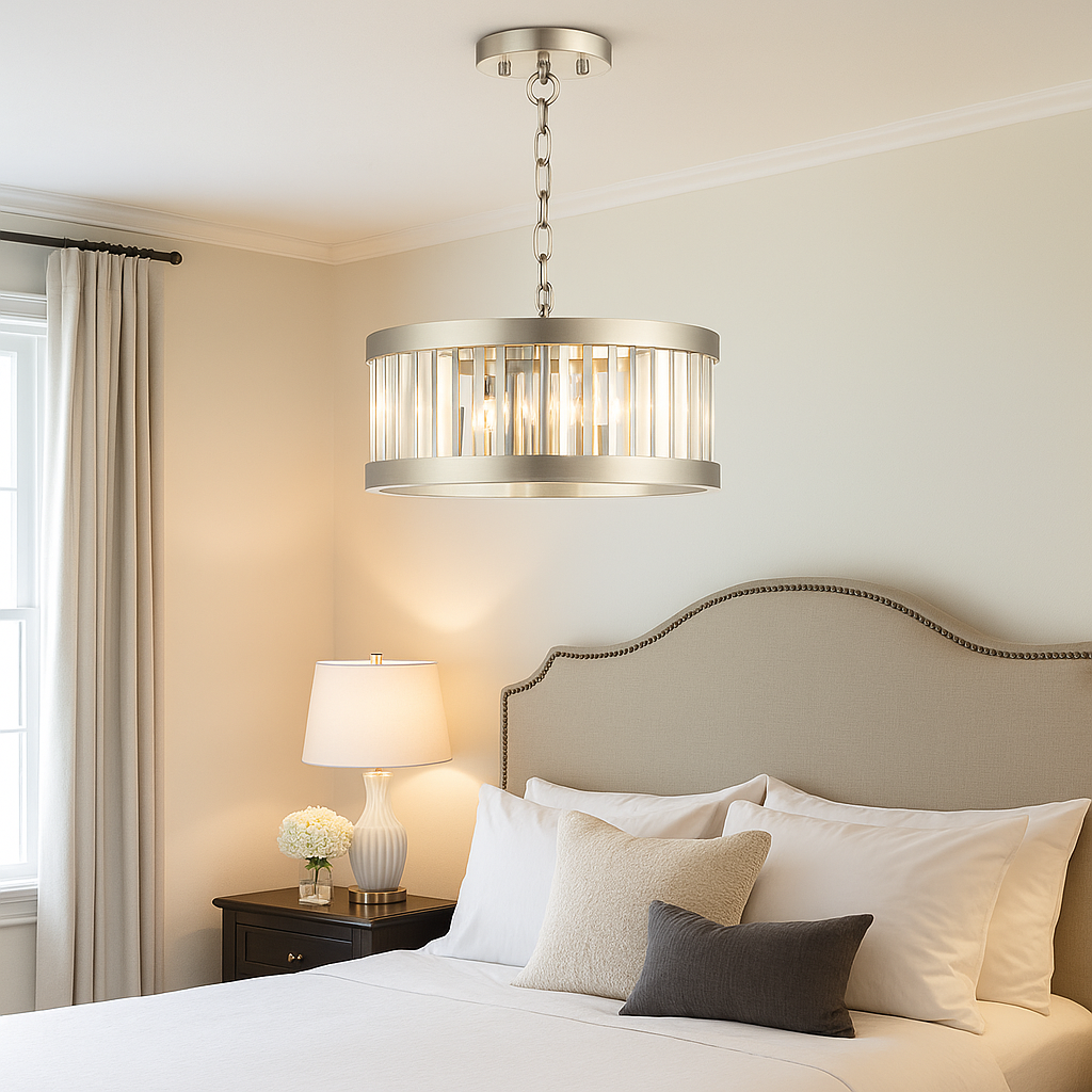 Porto medium satin silver chandelier centered above bed in luxury bedroom