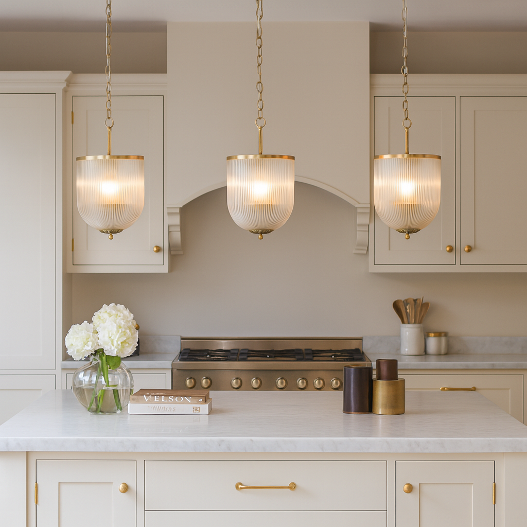 Ribbed glass brass pendant lights above cream kitchen island.