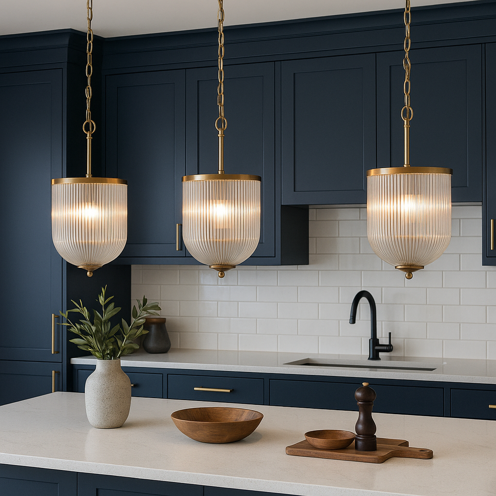 Three ribbed glass pendant lights with bronze fittings hanging above a modern navy kitchen island with shaker cabinets and brass accents.