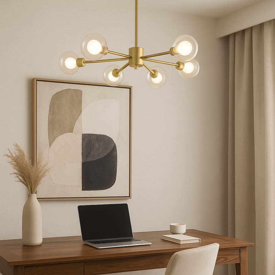Eden 6-Light Semi-Flush ceiling light in  gold finish. Glass shades, metal frame with gold accents.