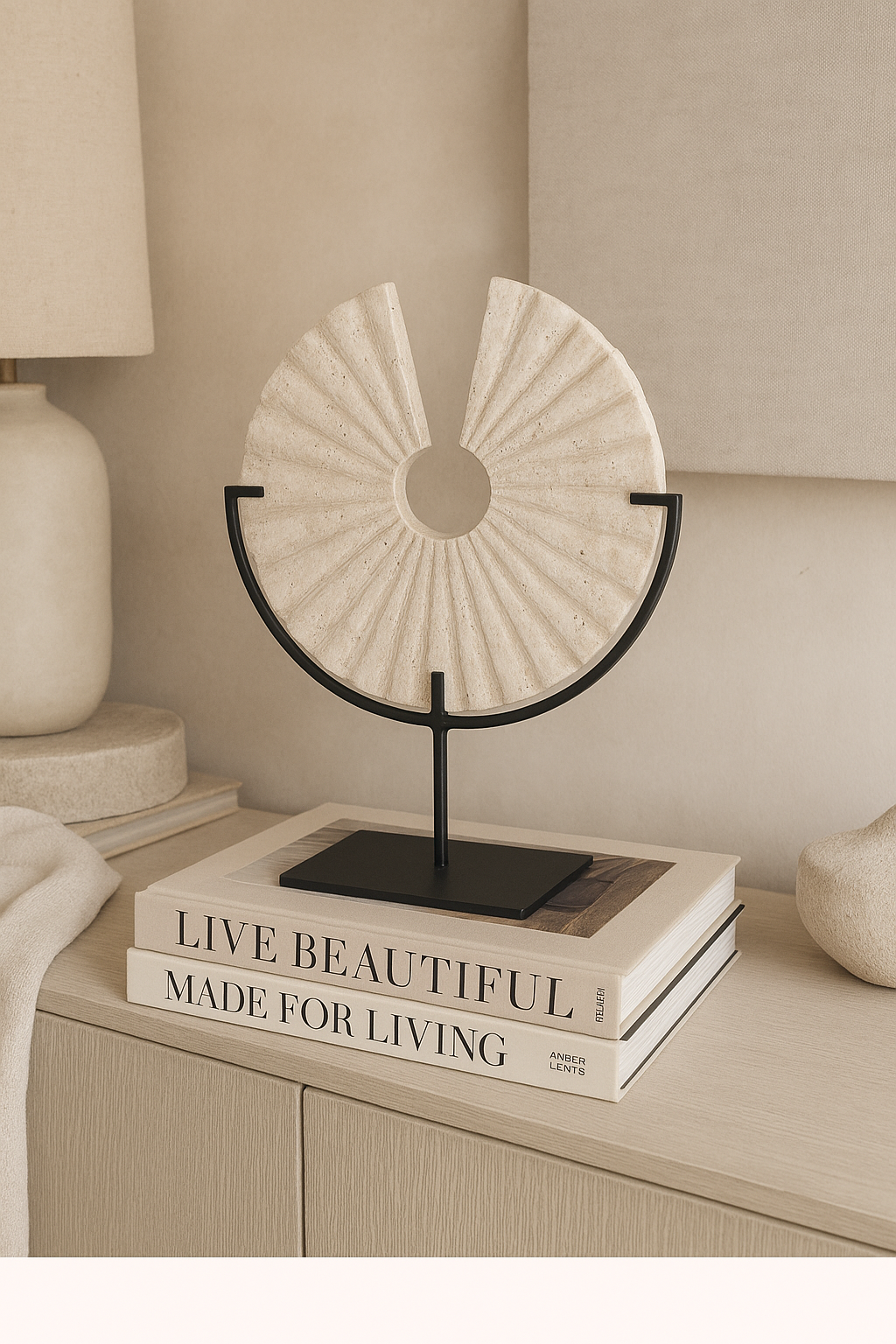 Travertine Fan Sculpture on Black Stand