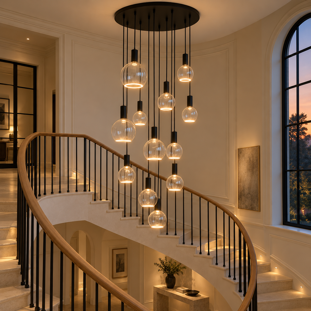 12-light black pendant with clear glass halo bulbs in three sizes cascading above a curved limestone staircase at dusk