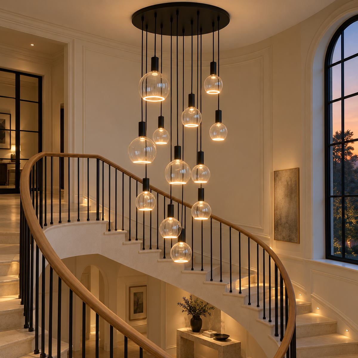 12-light black pendant with clear glass halo bulbs in three sizes cascading above a curved limestone staircase at dusk