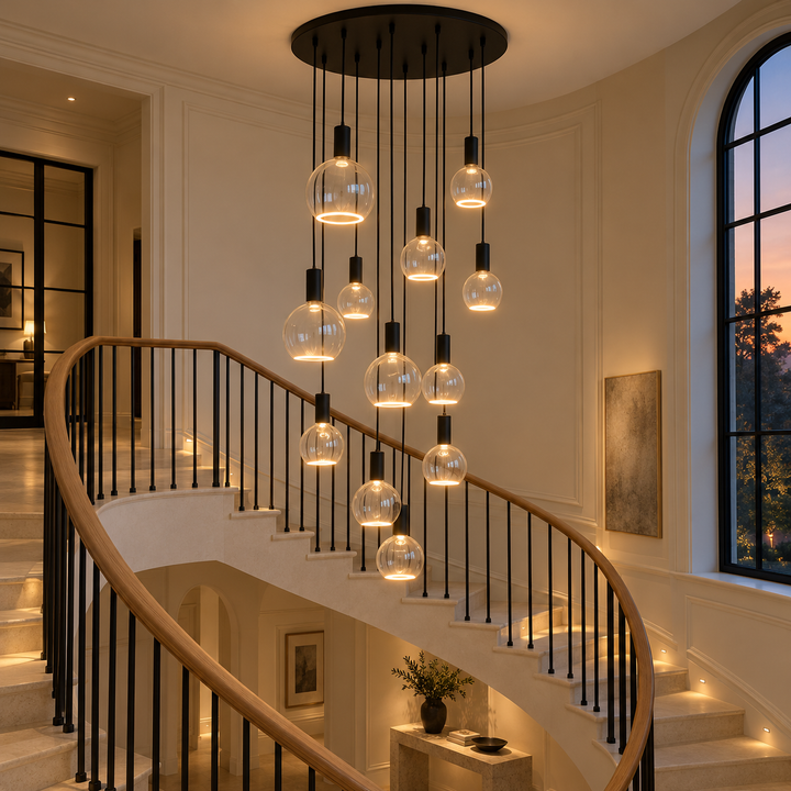 12-light black pendant with clear glass halo bulbs in three sizes cascading above a curved limestone staircase at dusk