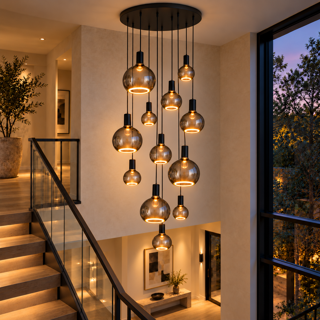 Roma 12-light black pendant with smoked glass halo bulbs in three sizes cascading above a contemporary oak staircase at dusk