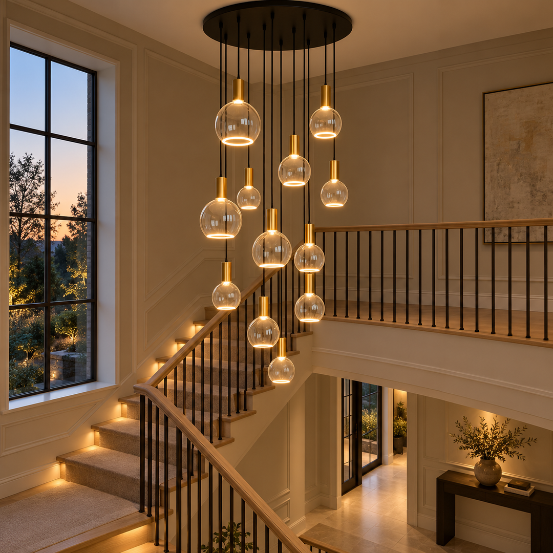 12-light pendant with brushed gold caps and clear glass halo bulbs in three sizes cascading above an oak staircase at dusk.