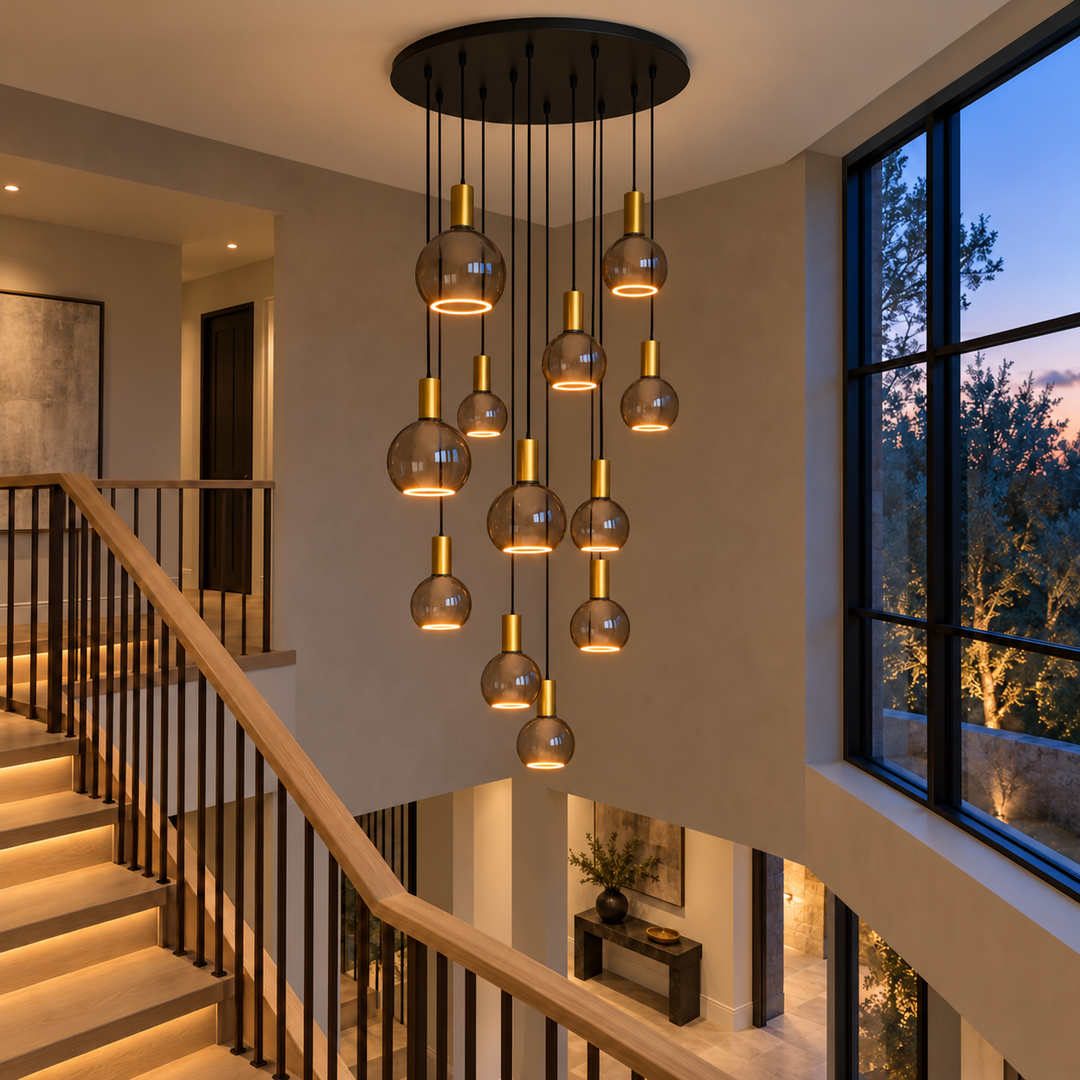 Roma 12-light pendant with brushed gold caps and smoked glass bulbs, illuminated by bottom halo rings above an oak staircase at dusk.