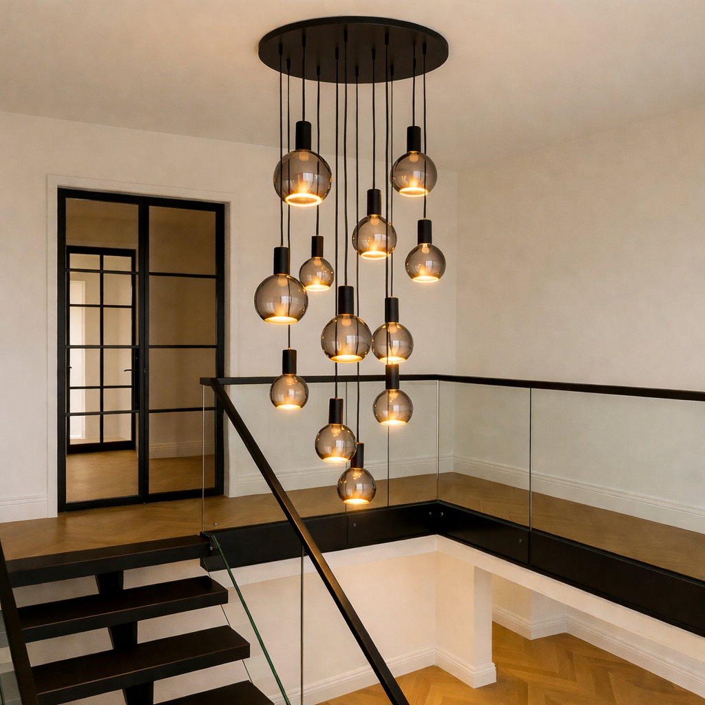 Roma 12 light spiral pendant smoked glass bulbs