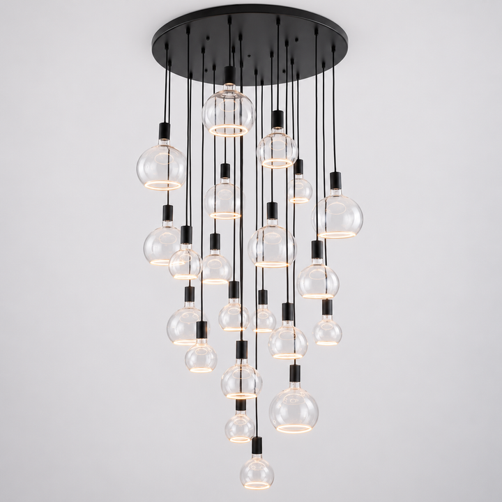 Roma 21-light black cascade pendant with clear glass halo bulbs in three sizes against a clean light background.