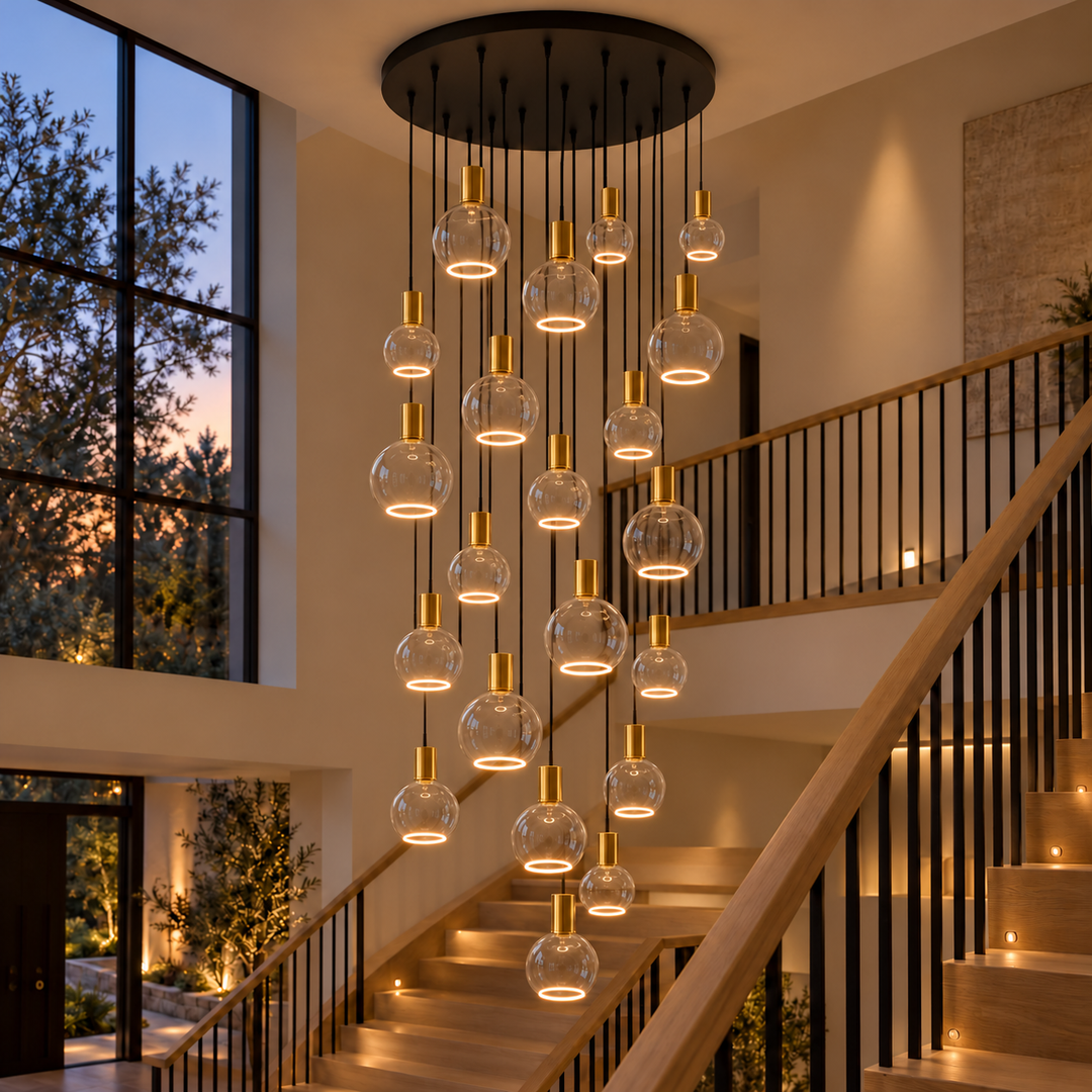 Roma 21-light pendant with gold caps and clear glass bulbs in three sizes, illuminated by bottom halo rings above an oak staircase.