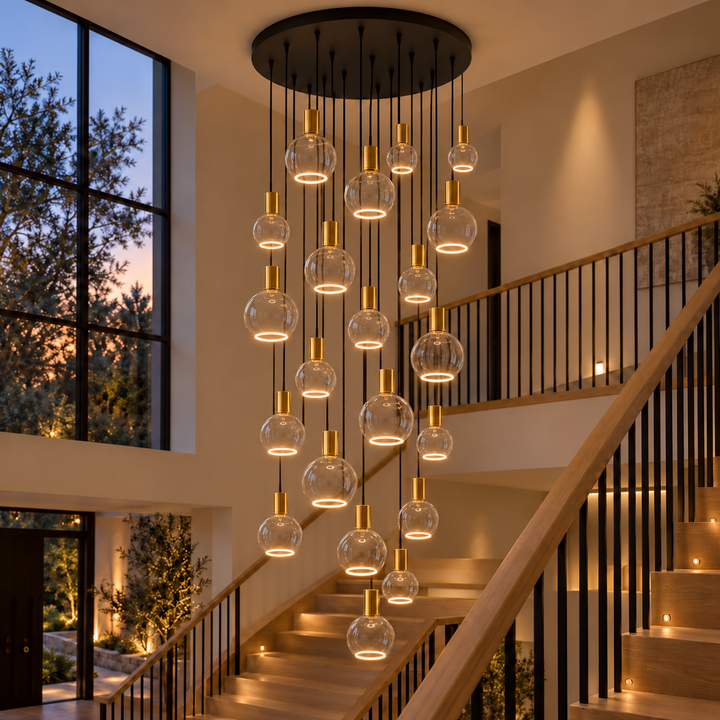 Roma 21-light pendant with gold caps and clear glass bulbs in three sizes, illuminated by bottom halo rings above an oak staircase.