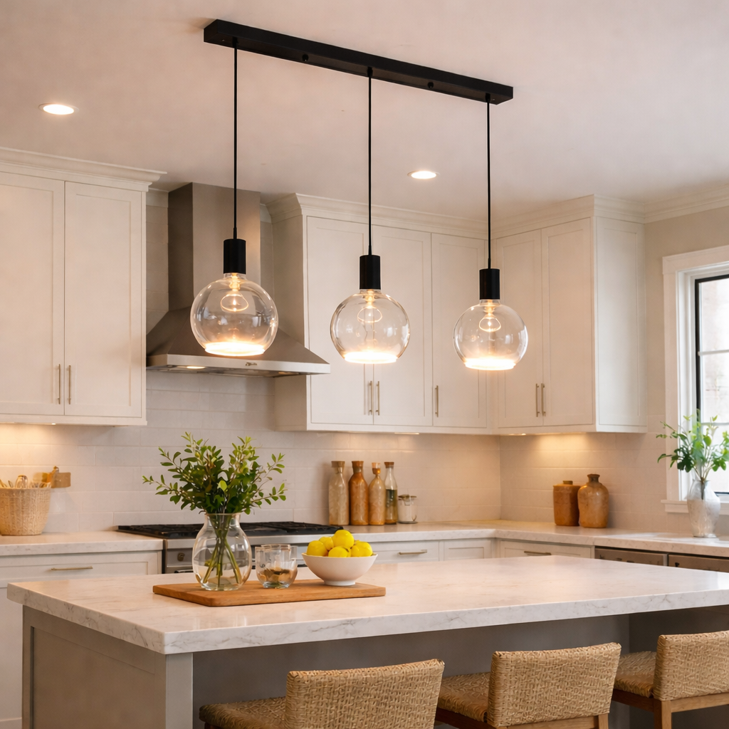 clear glass pendant black caps kitchen island lighting