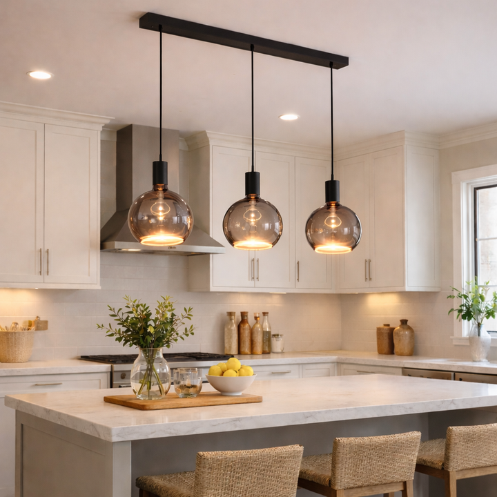 smoked amber glass pendant black caps kitchen island