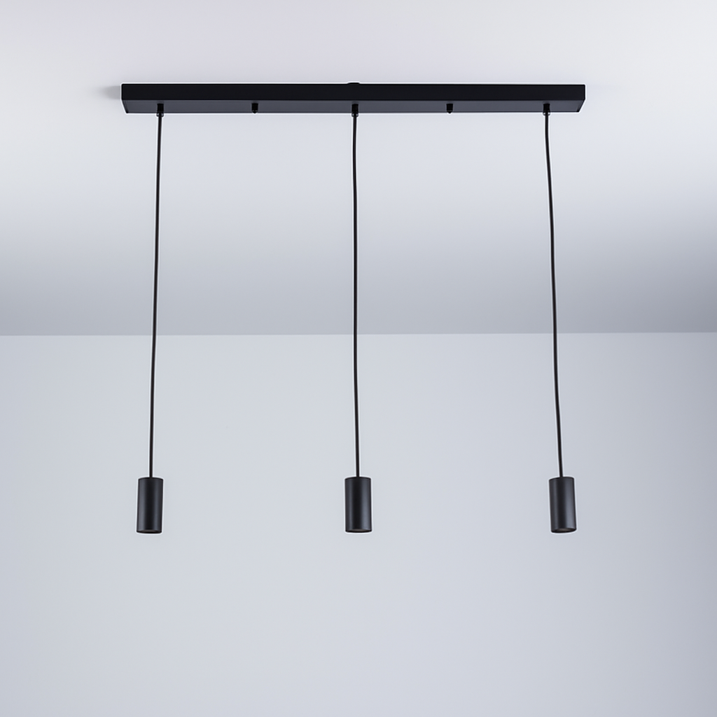 Roma 3 light black pendant bar with slim cylindrical caps and adjustable cables, shown without bulbs.