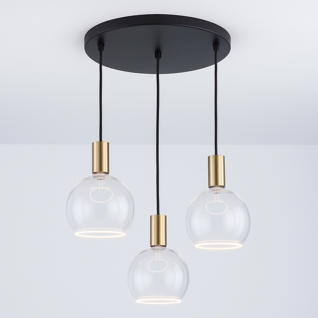 Roma 3 light pendant in gold with clear glass globes