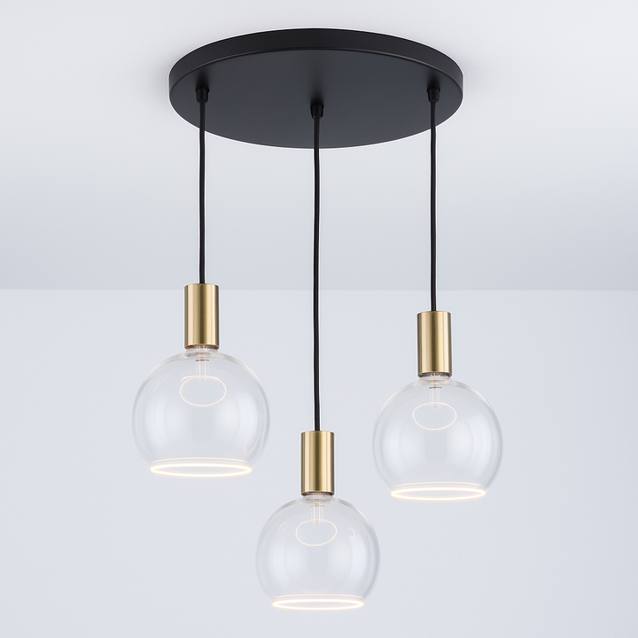 Roma 3 light pendant in gold with clear glass globes
