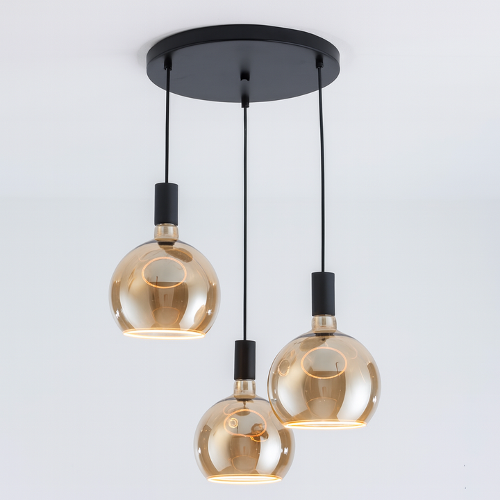 Roma 3 light round black smoke glass pendant