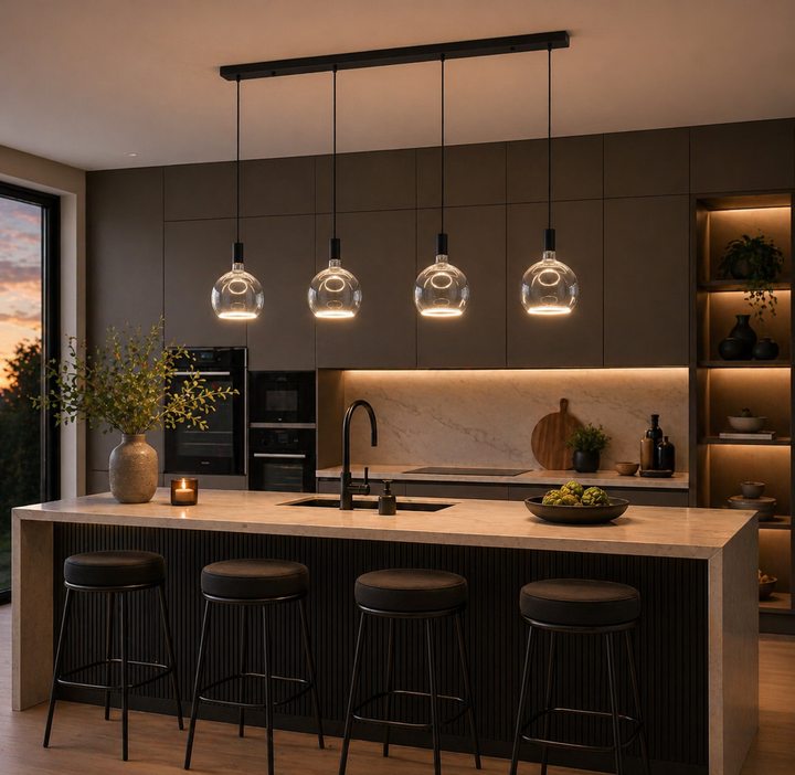 Roma 4 light clear glass pendant over modern kitchen island
