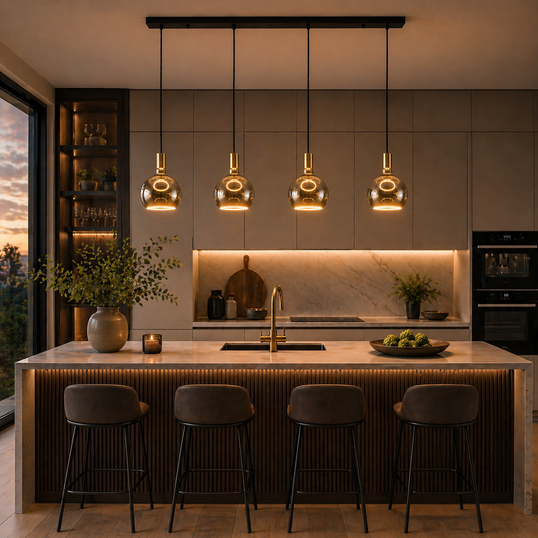 Roma 4 light smoked glass pendant bar gold caps over kitchen island