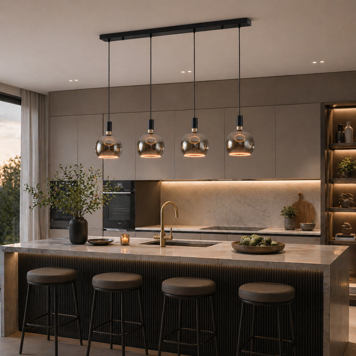 Roma 4 light smoked glass pendant over large kitchen island