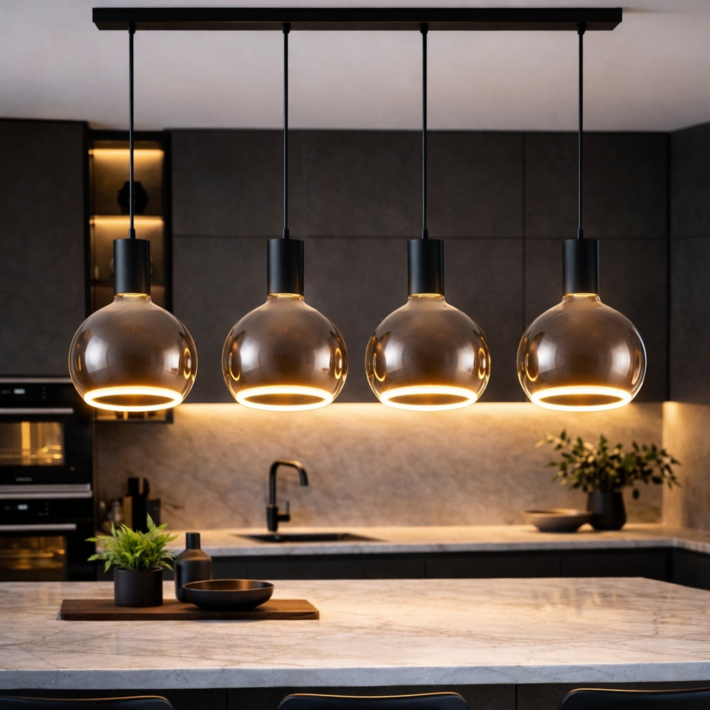 Luxury Roma 4 light bar pendant in black with glass globes above a modern Nordic kitchen island with black styling pieces.