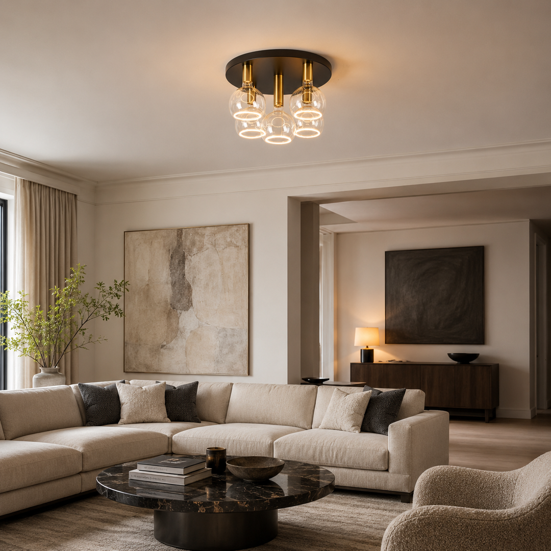 Roma 5 light flush ceiling light with gold holders and clear glass ring bulbs in a luxury neutral living room setting.