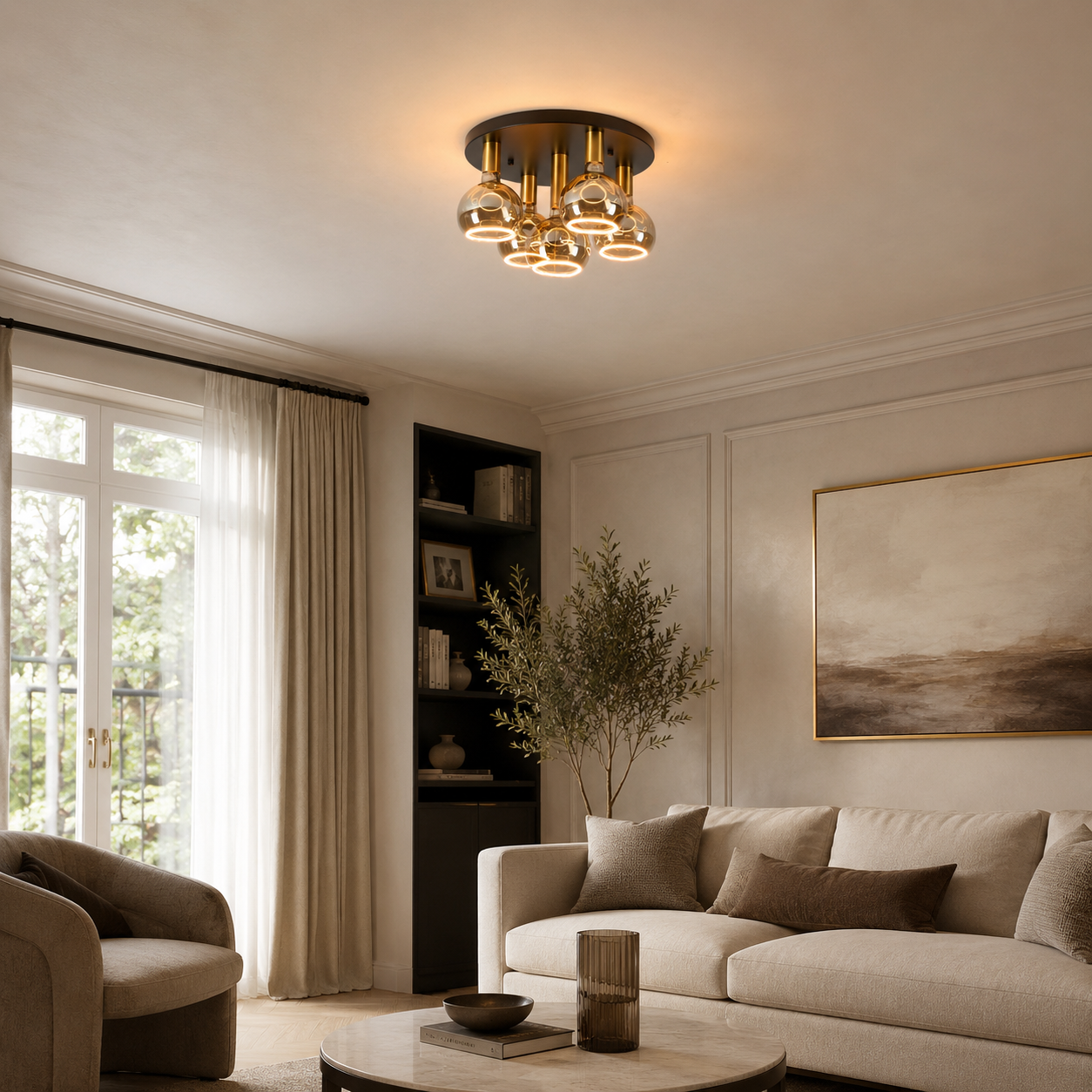 Roma 5 light flush ceiling light with smoked glass bulbs, gold holders and a dark round ceiling plate in a luxury neutral living room.