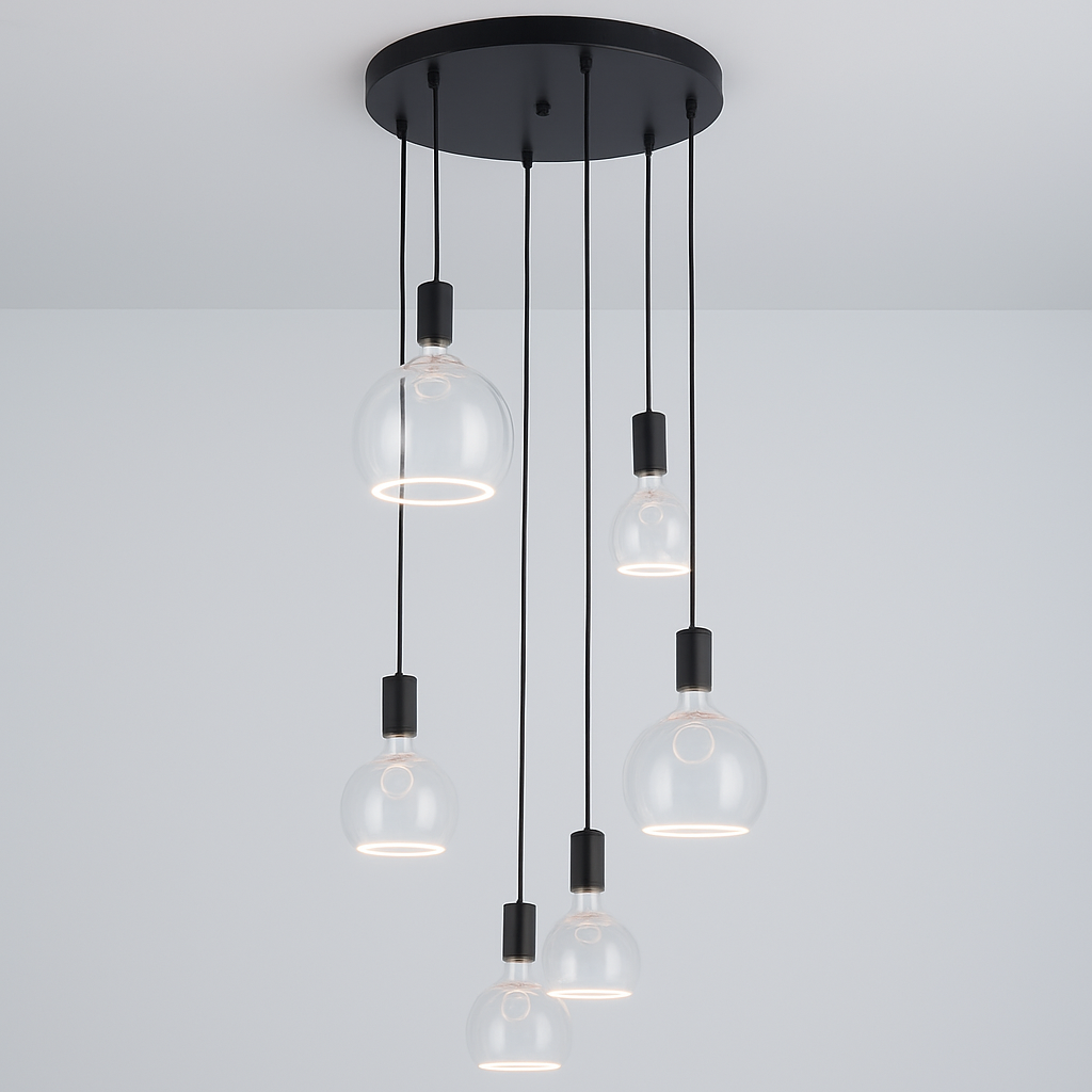 Roma 6 Light black and clear glass pendant light