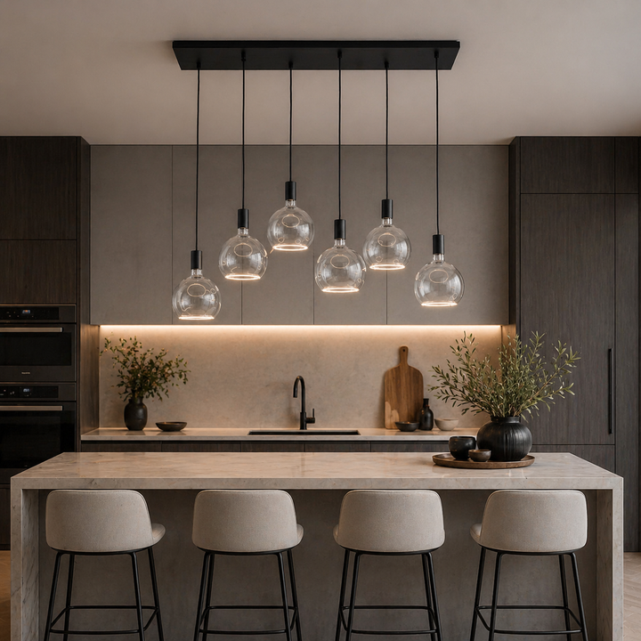 Roma black 6 light pendant over modern neutral kitchen