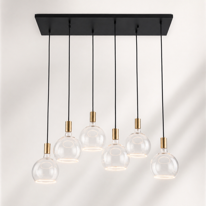 Roma 6 light pendant bar black gold clear glass white background