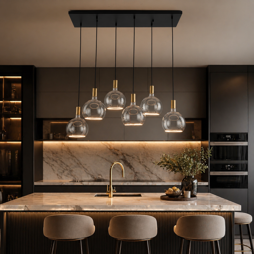 Roma 6 light pendant bar over luxury kitchen island