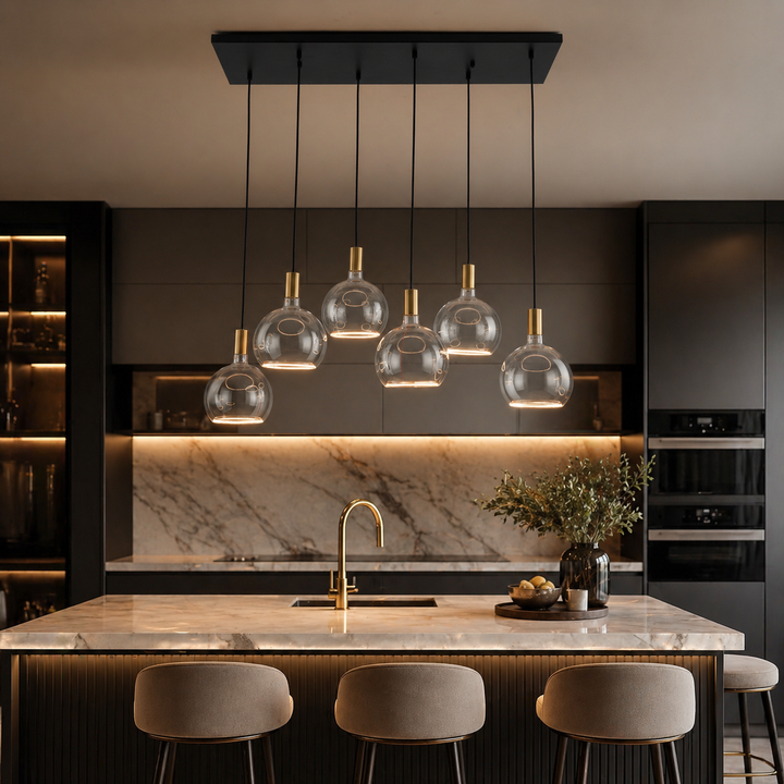Roma 6 light pendant bar over luxury kitchen island