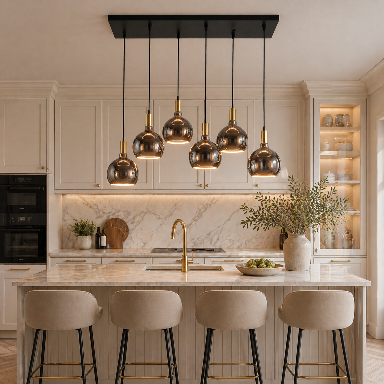 Roma smoked glass pendant bar over cream kitchen island