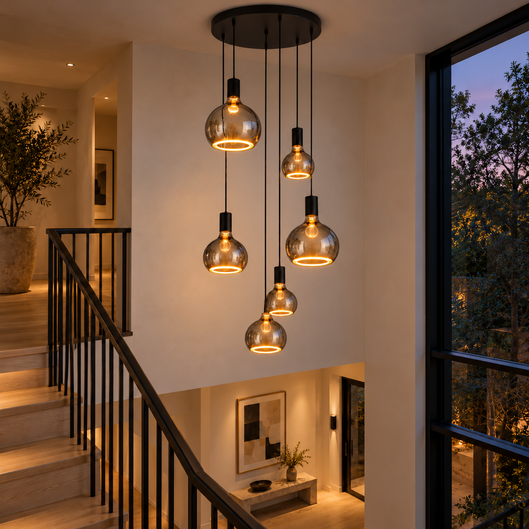 Roma six-light spiral pendant with black holders and smoked glass halo bulbs in three sizes above an oak staircase at dusk.