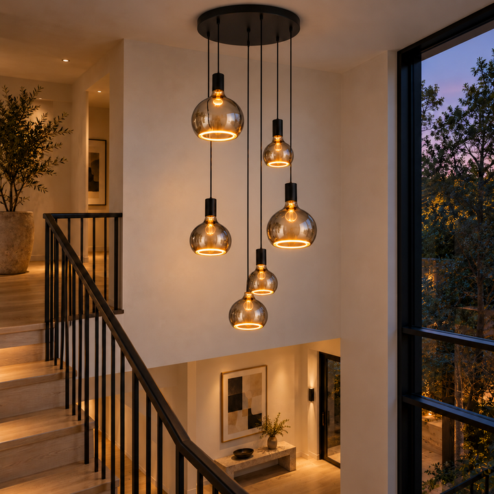 Roma six-light spiral pendant with black holders and smoked glass halo bulbs in three sizes above an oak staircase at dusk.
