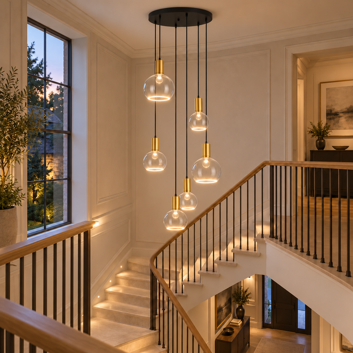 Roma six-light spiral pendant with brushed gold holders and clear glass halo bulbs in three sizes above a limestone staircase.