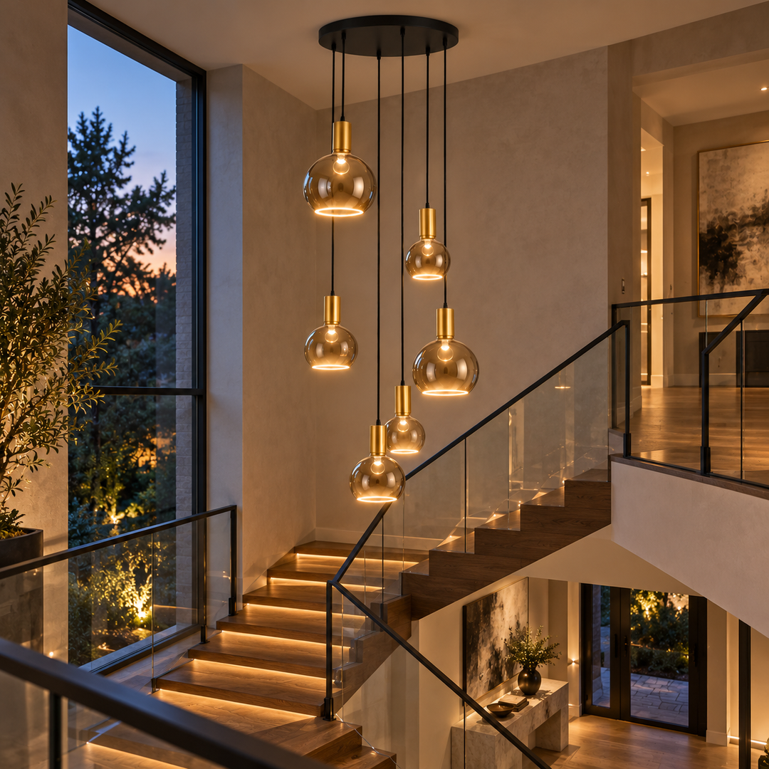 Roma six-light spiral pendant with gold holders and smoked glass halo bulbs in three sizes above an oak staircase with glass balustrades.