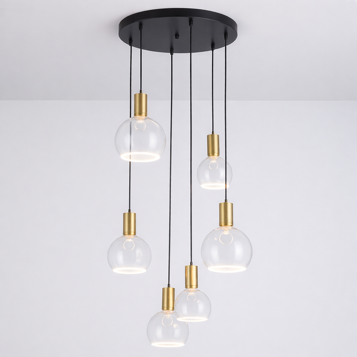 Roma 6lt spiral clear glass pendant brushed gold